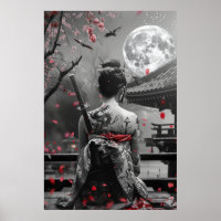 Japanese samurai woman with tattoo under full moon