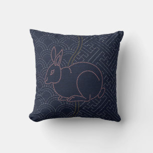 Japanese sashiko rabbit 2 throw pillow
