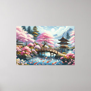 Japanese Scenery with Bridge, Koi and Sakura trees Canvas Print