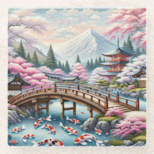 Japanese Scenery with Bridge, Koi and Sakura trees Glass Coaster