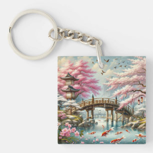 Japanese Scenery with Bridge, Koi and Sakura trees Keychain