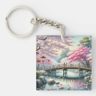 Japanese Scenery with Bridge, Koi and Sakura trees Keychain