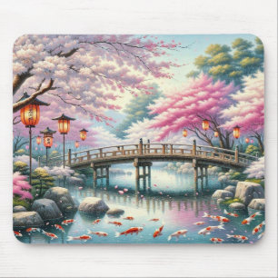 Japanese Scenery with Bridge, Koi and Sakura trees Mouse Pad