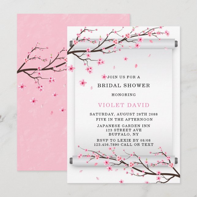 Japanese Scroll Cherry Blossom Bridal Shower Invitation (Front/Back)