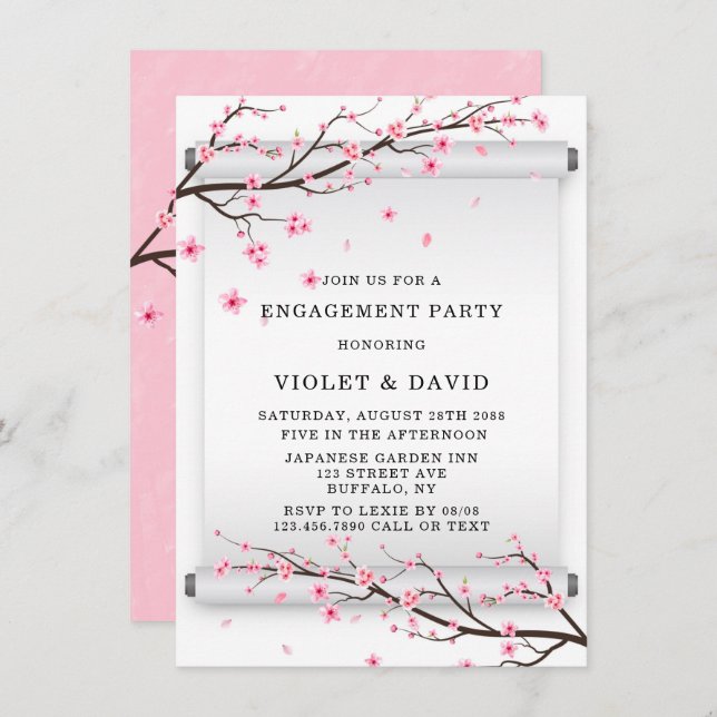 Japanese Scroll Cherry Blossom Engagement Party Invitation (Front/Back)