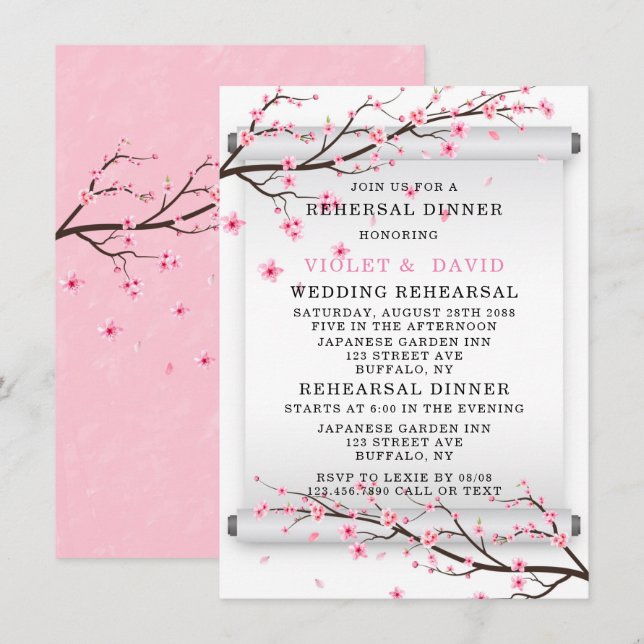 Japanese Scroll Cherry Blossom Rehearsal Dinner Invitation (Front/Back)