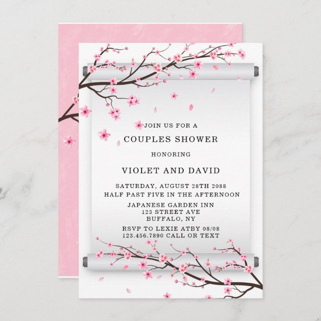 Japanese Scroll Cherry Blossom Tree Couples Shower Invitation (Front/Back)