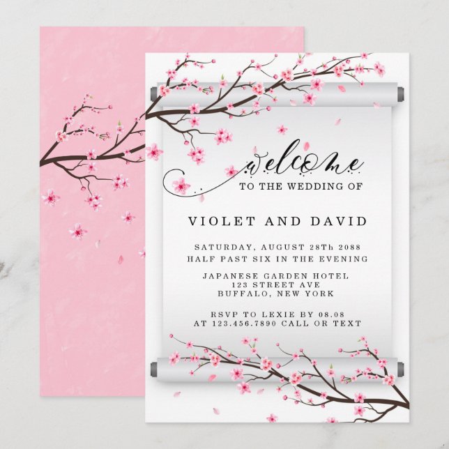 Japanese Scroll Cherry Blossom Wedding Invitation (Front/Back)