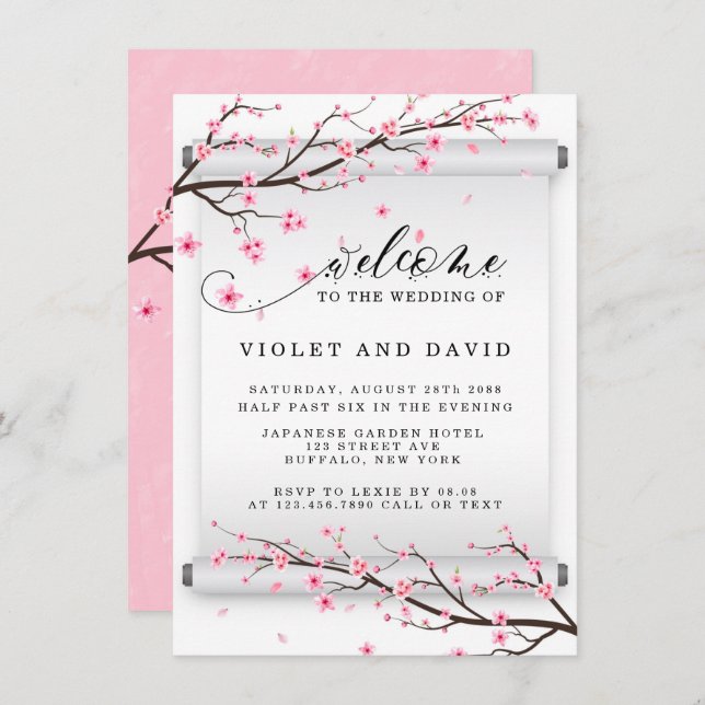 Japanese Scroll Cherry Blossom Wedding Invitation (Front/Back)