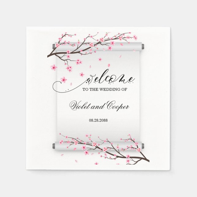 Japanese Scroll Cherry Blossom Wedding Napkin (Front)