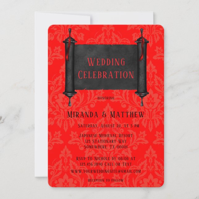 Japanese Scroll Red Black Damask Wedding Invitation (Front)
