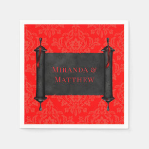 Japanese Scroll Red Black Damask Wedding Napkin