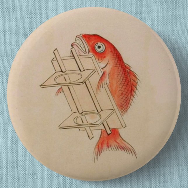 Japanese Sea Bream Yokai (Wedding Scroll) 2 Inch Round Button (Vintage Japanese Fish Yokai Can Badge- Detail View)