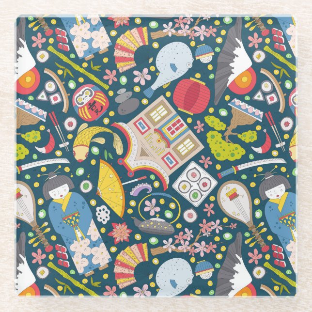 Japanese Seamless Pattern Glass Coaster (Front)