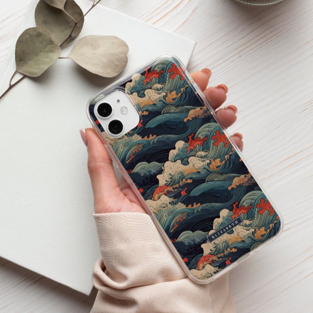 Japanese Seigaiha Blue & Red Wave Monogram Case-Mate iPhone Case (Creator Uploaded)