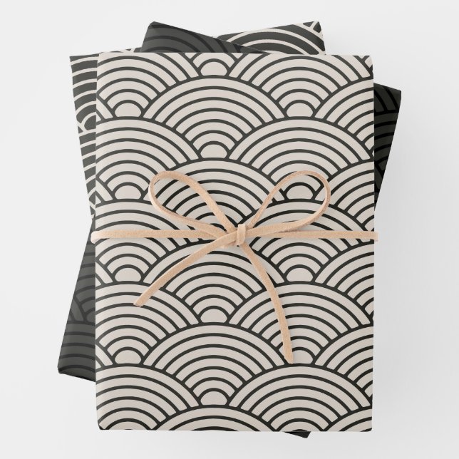 Japanese Seigaiha Wave | Black and Cream White Wrapping Paper Sheet (In situ)