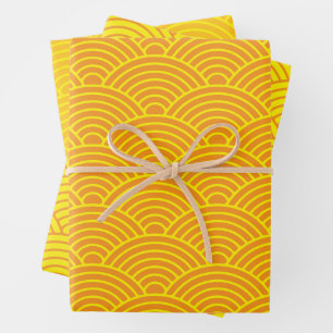 Japanese Seigaiha Wave Orange and Yellow Wrapping Paper Sheet