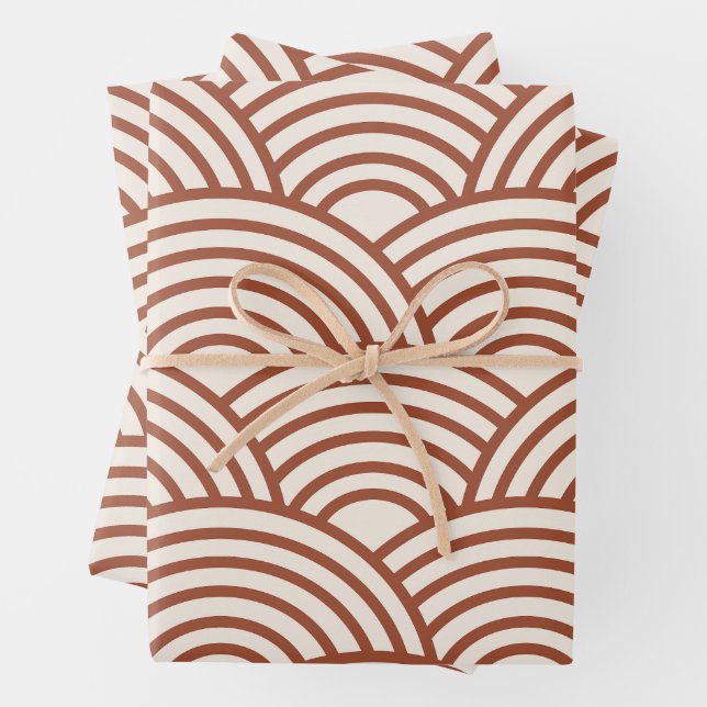 Japanese Seigaiha Wave Rust Terracotta Wrapping Paper Sheet (In situ)