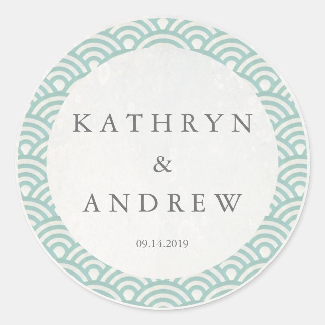 Japanese Seigaiha Waves Custom Names+Date Wedding Classic Round Sticker (Front)