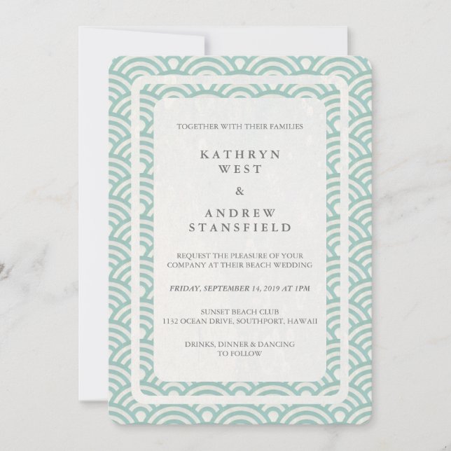 Japanese Seigaiha Waves Elegant Beach Wedding Invitation (Front)