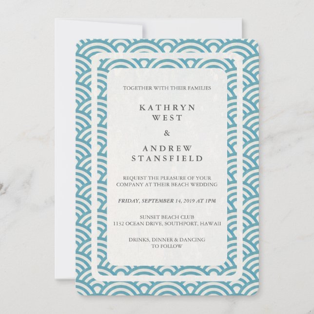 Japanese Seigaiha Waves Elegant Beach Wedding Invitation (Front)