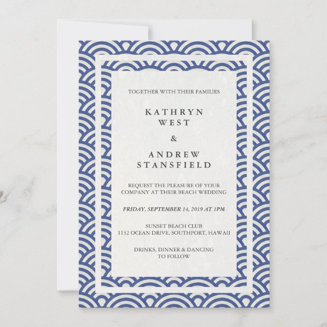 Japanese Seigaiha Waves Elegant Beach Wedding Invitation (Front)
