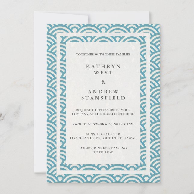 Japanese Seigaiha Waves Elegant Beach Wedding Invitation (Front)