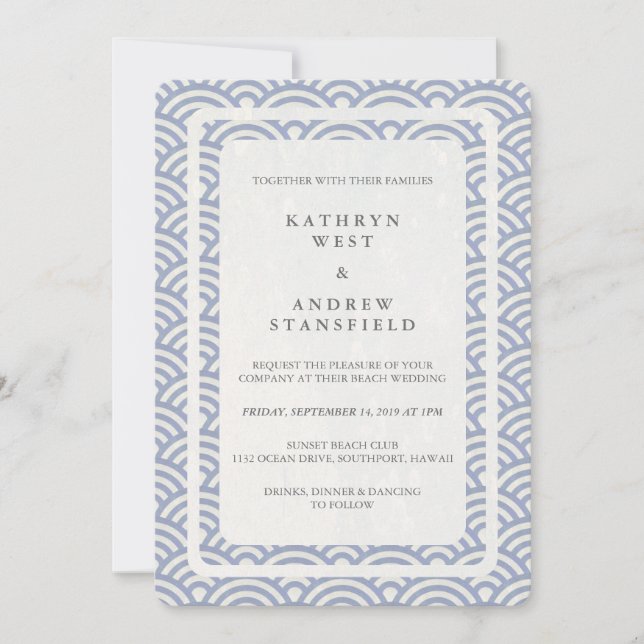 Japanese Seigaiha Waves Elegant Beach Wedding Invitation (Front)