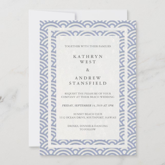 Japanese Seigaiha Waves Elegant Beach Wedding Invitation (Front)