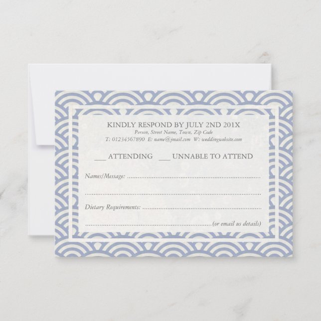 Japanese Seigaiha Waves Elegant Beach Wedding RSVP (Front)