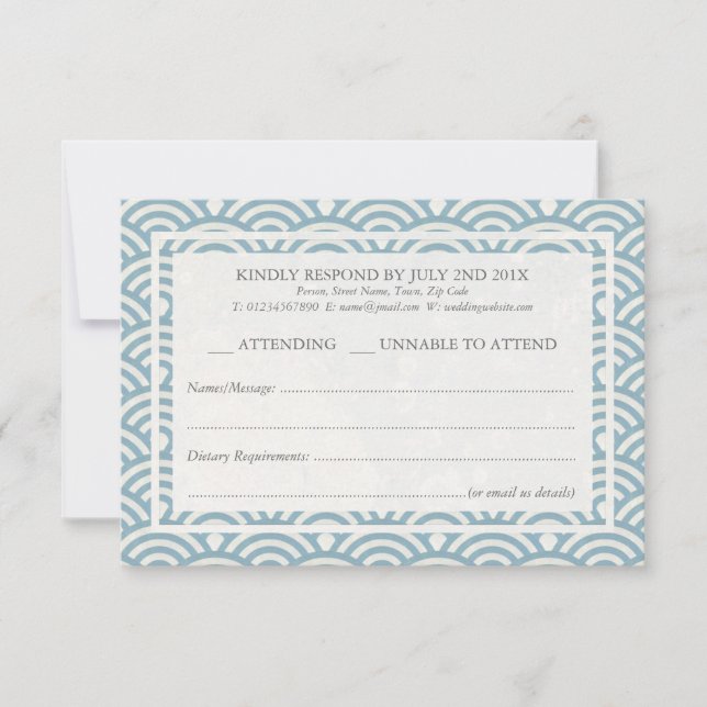Japanese Seigaiha Waves Elegant Beach Wedding RSVP (Front)