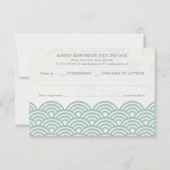Japanese Seigaiha Waves Elegant Beach Wedding RSVP Card (Front)