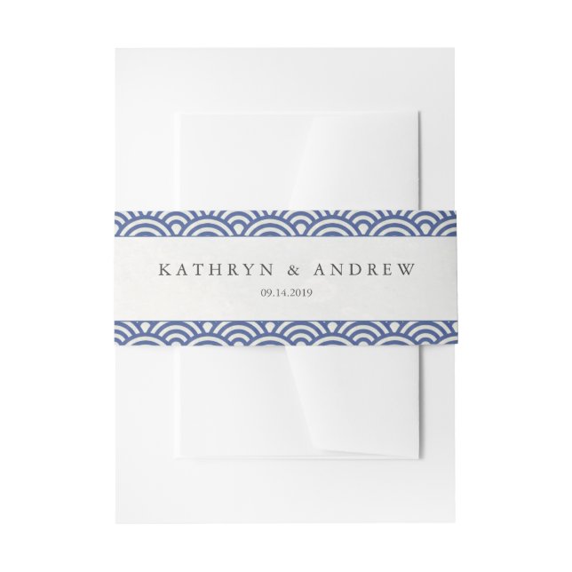 Japanese Seigaiha Waves Elegant Dark Blue + White Invitation Belly Band (Front Example)