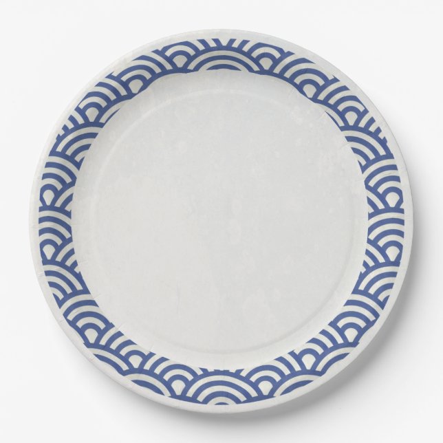 Japanese Seigaiha Waves Elegant Dark Blue + White Paper Plate (Front)