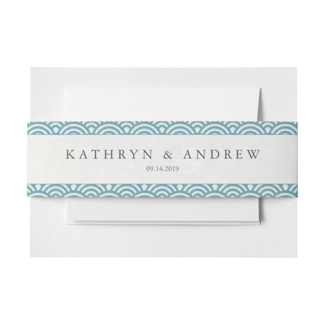 Japanese Seigaiha Waves Modern Sea Blue Green Invitation Belly Band (Front Example)