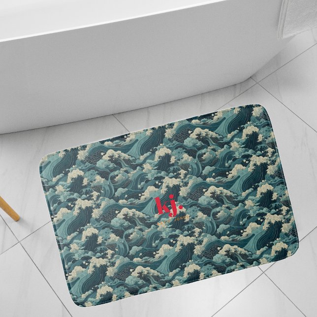 Japanese Seigaiha Waves | Monogram Bath Mat (Creator Uploaded)