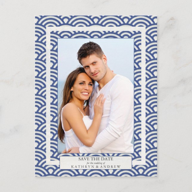 Japanese Seigaiha Waves Save The Date Photograph Announcement Postcard (Front)