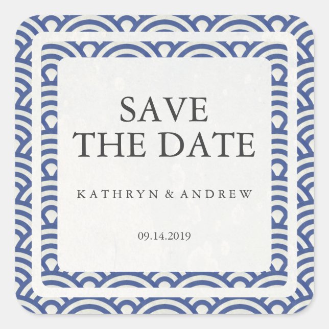Japanese Seigaiha Wedding Save the Date or Custom Square Sticker (Front)