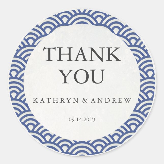 Japanese Seigaiha Wedding Thank You/Custom Text Classic Round Sticker (Front)