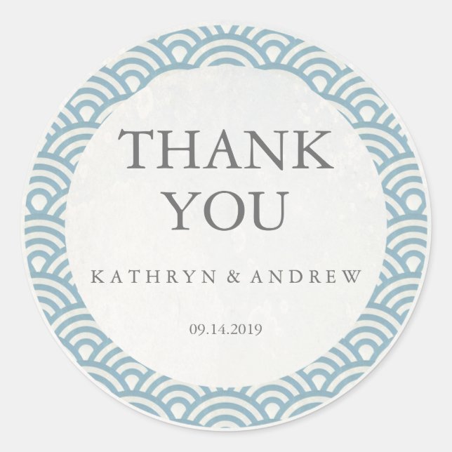 Japanese Seigaiha Wedding Thank You/Custom Text Classic Round Sticker (Front)