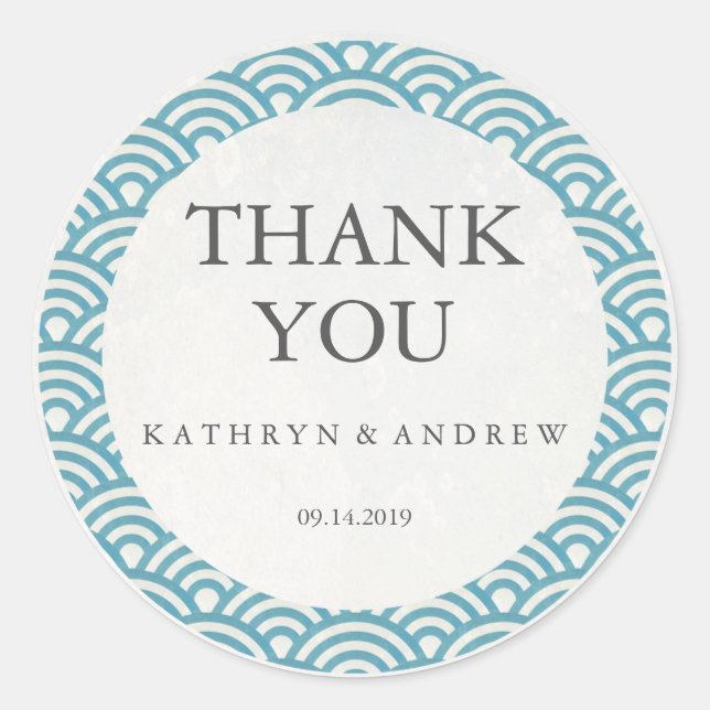 Japanese Seigaiha Wedding Thank You/Custom Text Classic Round Sticker (Front)