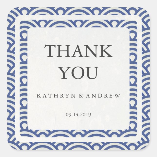 Japanese Seigaiha Wedding Thank You/Custom Text Square Sticker (Front)