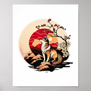 Japanese Shiba Inu Dog Sunset Ukiyo e Style Poster