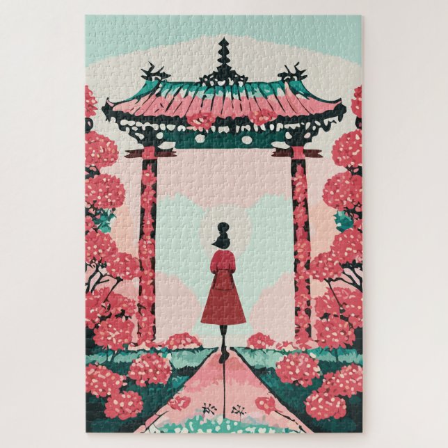Japanese Shrine with Red and Pink Blossoms Jigsaw Puzzle (Vertical)