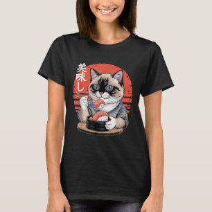 Japanese Siamese Cat Eating Sushi Kawaii Anime Cat T-Shirt