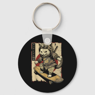 Japanese Skateboard Samurai Cat Tattoo Kawaii Ninj Keychain