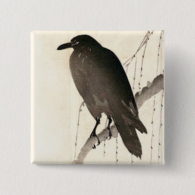 Japanese sketch of a raven 2 inch square button (Front)