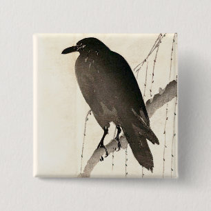 Japanese sketch of a raven 2 inch square button