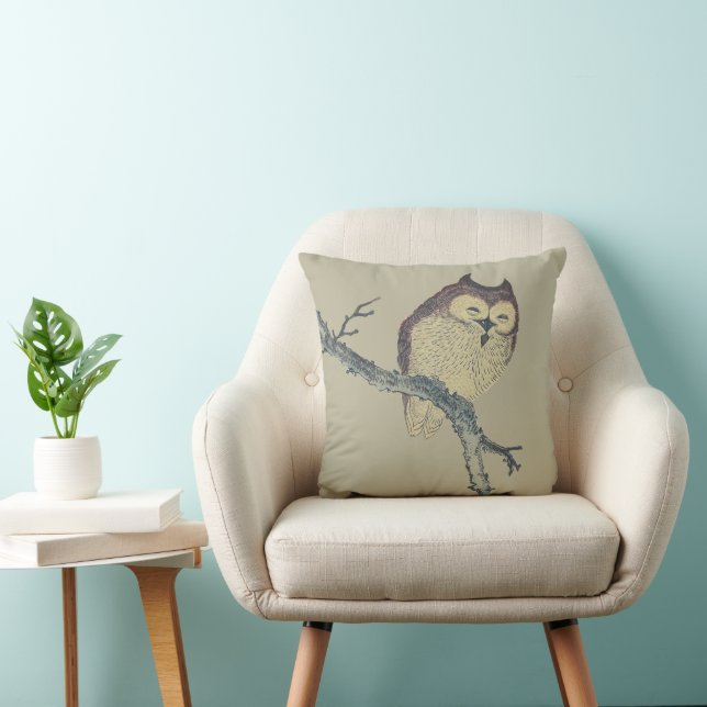 Japanese Sleeping Owl Night Artwork Throw Pillow (Chair)