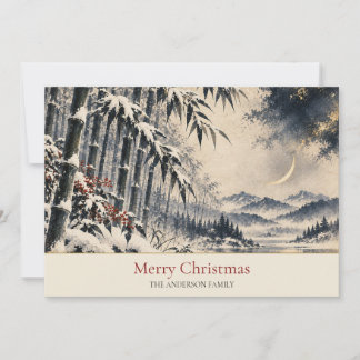 Japanese Snow Bamboo Crescent Moon Family Name Holiday Card